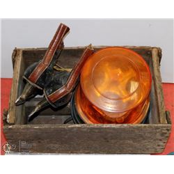 WOOD COKE CRATE WITH VINTAGE SKATES & EMERGENCY