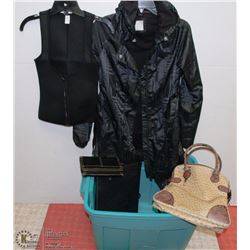 TOTE W/ ASST CLOTHING, PURSE, CAMERA BAG, AND MORE