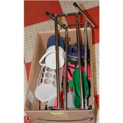 BOX WITH BIKE HELMETS, CAST IRON FRY PAN,