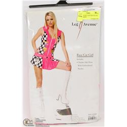 RACE CAR GIRL COSTUME SIZE M/L INCL CHECKER