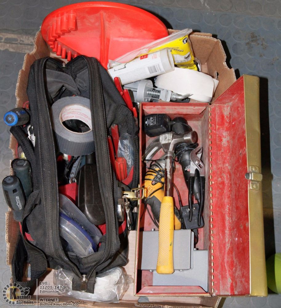 LARGE BOX OF TOOLS, INCLUDING JOBMATE TOOLBOX