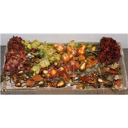 BOX OF FALL DECORATIONS INCL ORCHIDS, GLITTERY