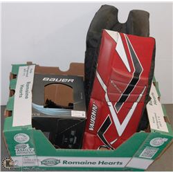 LARGE BOX WITH HOCKEY GEAR AND NEW BAUER HELMET