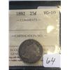Image 1 : 1892 CANADA 25 CENTS! ICCS GRADED VG-10!