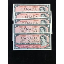 1954 BANK OF CANADA $2 NOTES! 5 IN SEQUENCE! CHOICE UNC!