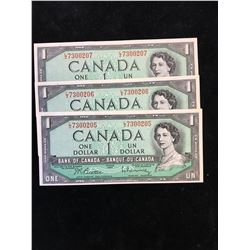 1954 BANK OF CANADA $1 NOTES! 3 IN SEQUENCE!