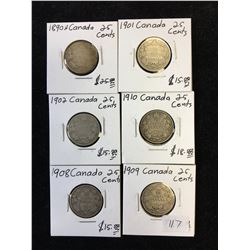 1890H-1909 CANADA 25 CENTS LOT OF 6 COINS!