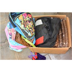 BOX OF HAND BAGS KIDS BACKPACKS AND HOCKEY BAG