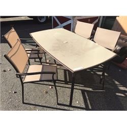 PATIO TABLE WITH WHITE GLASSTOP AND FOUR STACKING CHAIRS