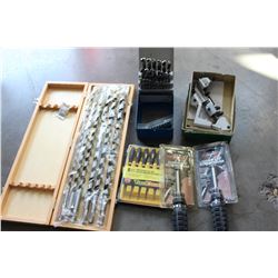LOT OF NEW BITS SCREW DRIVERS AND WOOD CASE OF LARGE DRILL BITS