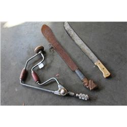 VINTAGE HAND DRILL AND TWO KNIVES