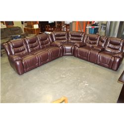 AS NEW BROWN LEATHER RECLINING SOFA AND LOVESEAT WITH CONSOLE AND CORNER WEDGE