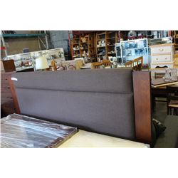 NEW HOME ELEGANCE KINGSIZE PANEL BEDFRAME, WITH GREY FABRIC INSERT, NATURAL DARK WOOD FINISH, RETAIL