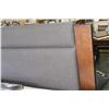 Image 2 : NEW HOME ELEGANCE KINGSIZE PANEL BEDFRAME, WITH GREY FABRIC INSERT, NATURAL DARK WOOD FINISH, RETAIL