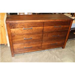 HOME ELEGANCE FLOOR MODEL MODERN 6 DRAWER RUSTIC DARK WOOD FINISH DRESSER WITH BEVELLED FRAMED MIRRO