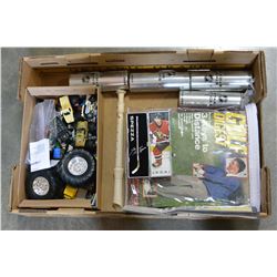 BOX OF SPORTS ITEMS AND MAGAZINES AND TOY VEHICLES