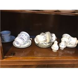 SHELF LOT OF VARIOUS TEACUPS AND SAUCERS