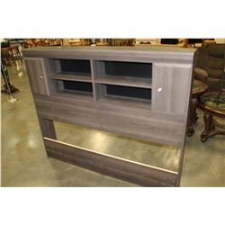 NEW DYNAMIC FURNITURE CYPRESS QUEEN SIZE BOOKCASE HEADBOARD, SHIPPING DAMAGE FROM HANDLES, RETAIL $3