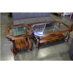 OAK GLASSTOP COFFEE TABLE AND ENDTABLE