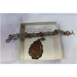 STERLING AND PRECIOUS STONE BRACELET AND PENDANT SET