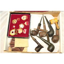 LOTOF VINTAGE PIPES AND PINS AND STAMP BOOK