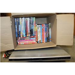 BOX OF DVDS AND DVD PLAYER