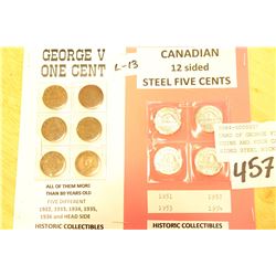 CARD OF GEORGE FIVE ONE CENT COINS AND FOUR CANADIAN TWELVE SIDED STEEL NICKELS