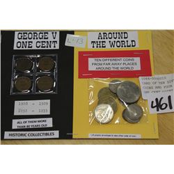 CARD OF TEN DIFFERENT WORLD COINS AND FOUR GEORGE FIFTH ONE CENT COINS