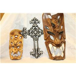 TWO WOOD CARVED MASKS AND CROSS