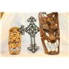 Image 1 : TWO WOOD CARVED MASKS AND CROSS