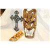 Image 2 : TWO WOOD CARVED MASKS AND CROSS