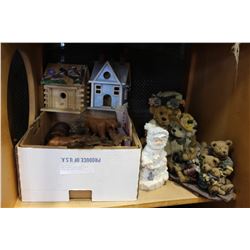 BOX OF WOOD BIRD HOUSE CUCOO CLOCK AND BEAR FIGURES