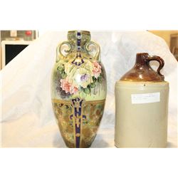 HAND PAINTED VICTORIAN VASE AND WHISKEY CROCK