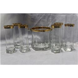 GOLD TRIMMED ICE BUCKET AND 6 GLASSES