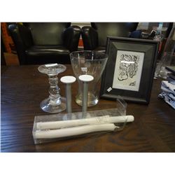 Candle sticks, candles, and pciture frame