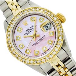 Rolex Men's Two Tone 14K Gold/SS, QuickSet, Diamond Dial, Diam/Ruby Bezel - REF-458W2K