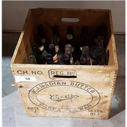 VINTAGE BUTTER BOX W/MISC BEER BOTTLES