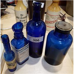 LOT OF 4 COBALT GLASS BOTTLES