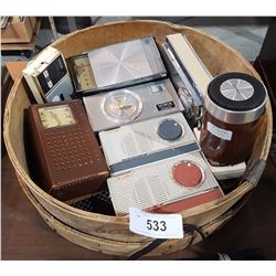 WOOD TRAY W/ 9 TRANSISTOR RADIOS