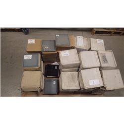 7 1/2" X 7 1/2" GLASS WALL TILES IN BLACK 215 PCS, BLUE 62 PCS, MATTE BLUE 92 PIECES, WHITE, 109 PCS