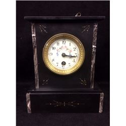 FRENCH MOVEMENT MANTLE CLOCK (WORKING) SLATE & ENGLISH MARBLE FUSEE