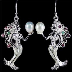 NATURAL JAPANESE PEARL EMERALD RUBY MERMAID EARRING