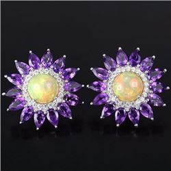 NATURAL RAINBOW OPAL, PURPLE AMETHYST TOPAZ Earrings