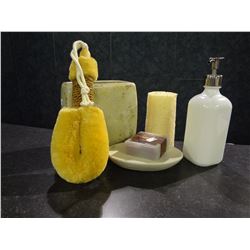 Group of bathroom accessories Soap dispenser, cup, soap dish