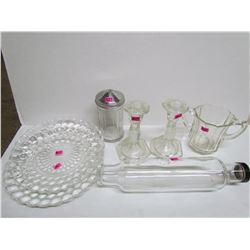 7 pieces of Glassware (Spooner, Sugar, plates, candle sticks)