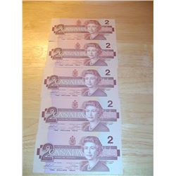 5 consecutive ser 1986 2 dollar bills uncirculated