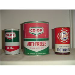 3 different Co-op oil and anti-freeze tins