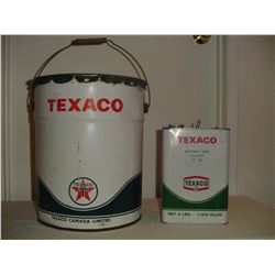2 Texaco containers 5 gallon oil and 25 lb grease