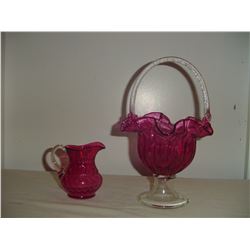 cranberry glass pitcher and basket