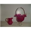 Image 1 : cranberry glass pitcher and basket